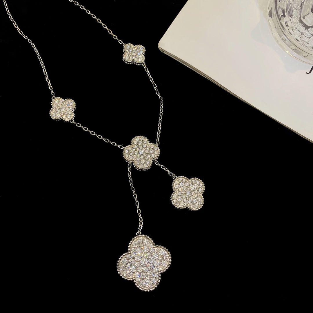 [AURORA]CLOVER 5 MOTIFS SILVER DIAMONDS NECKLACE