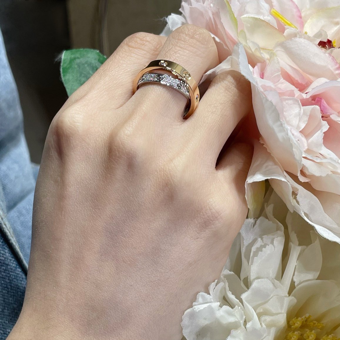[AURORA]LOVE PINK GOLD SILVER DIAMOND DOUBLE RING