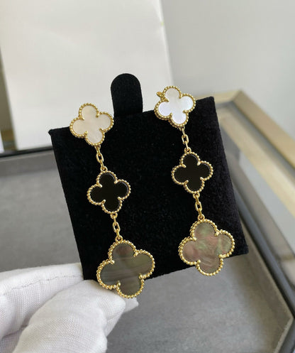 [AURORA]CLOVER 3 MOTIF MOP ONYX DARK MOP PINK GOLD EARRINGS