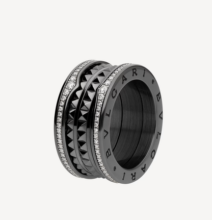 [AURORA]ZERO 1 ROCK FOUR-BAND BLACK CERAMIC WITH STUDDED SPIRAL AND PAVED DIAMONDS RING