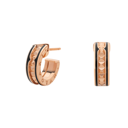 [AURORA]ZERO 1 ROCK PINK GOLD EARRINGS WITH STUDDED SPIRAL AND BLACK CERAMIC