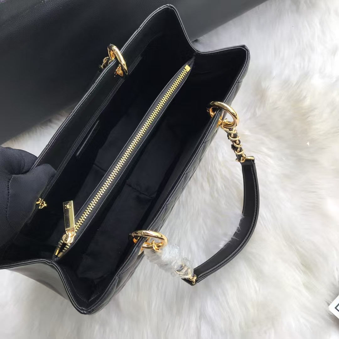 GST BLACE LEATHER SHOPPING BAG WITH GOLD HARDWARE