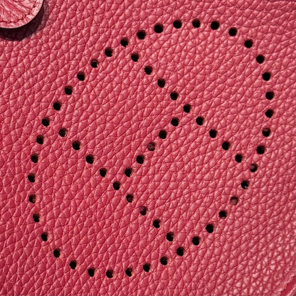 HERMES 25S MINI EVELYNE 18 IN BURGUNDY PATTERNED STRAP CALFSKIN SILVER HARDWARE