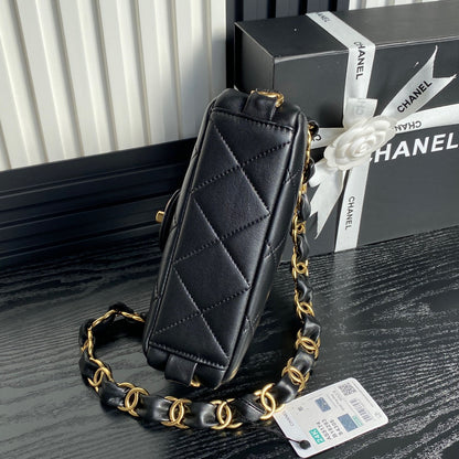 SMALL FLAP BAG 21 IN BLACK CALFSKIN GOLD DOUBLE C THICK CHAIN